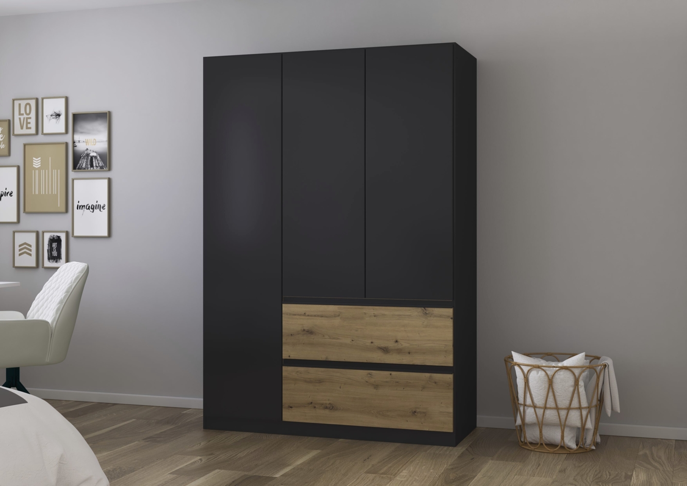 rauch Joel-Extra, Kleiderschrank, 3-türig, 2 Schubladen, push-to-open, mit 2 Kleiderstangen und 2 Einlegeböden, Farbe Grau metallic/Eiche Artisan, BxHxT 136x197x54cm Bild 1