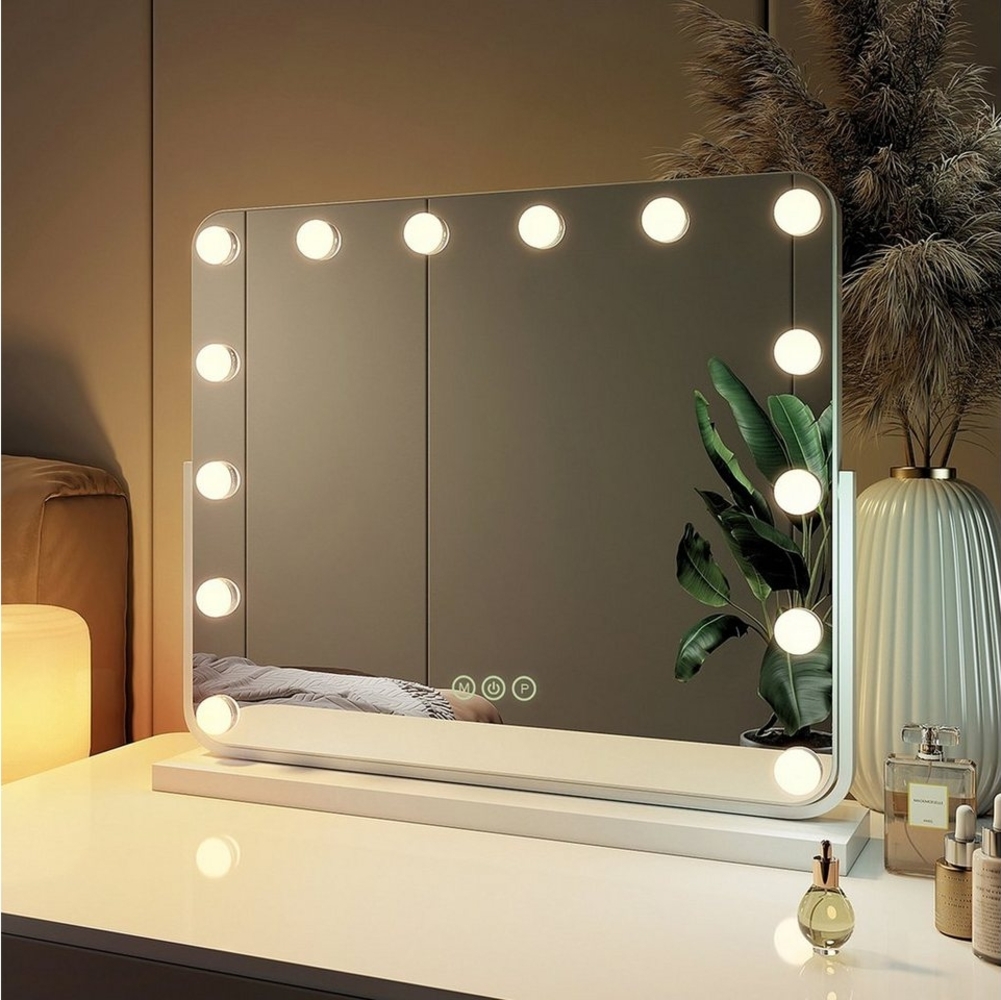 EMKE Kosmetikspiegel Hollywood Spiegel mit Beleuchtung 360 ° Drehbar Tischspiegel 3 Farbe Licht,14 Dimmbaren LED-Leuchtmitteln,Speicherfunktion,7 x Vergrößerungsspiegel,Weiß,60 x 52 cm Bild 1