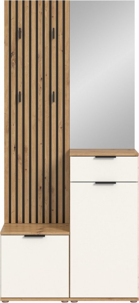 Stella Trading Simple Flurgarderoben Set in Artisan Eiche Optik, Weiß - Moderne Kompaktgarderobe mit Spiegel für Ihren Eingangsbereich - 88 x 195 x 35 cm (B/H/T) Bild 1