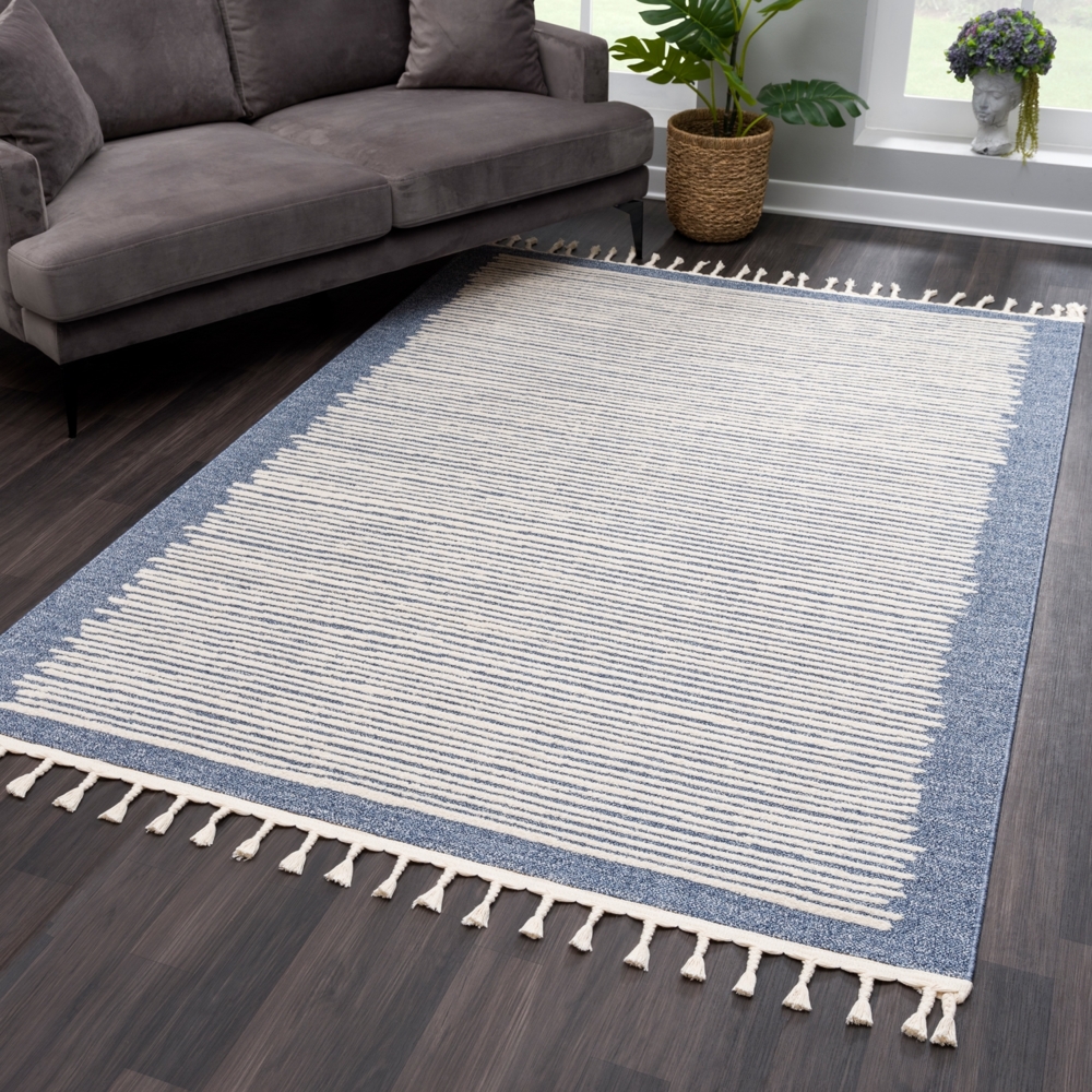 Teppich Wohnzimmer mit Fransen Deko Boho – Blau Cream-Streifen – 80x150cm - Kurzflor Schlafzimmer Flur Dekoration Läufer - Skandinavische Teppiche Bild 1