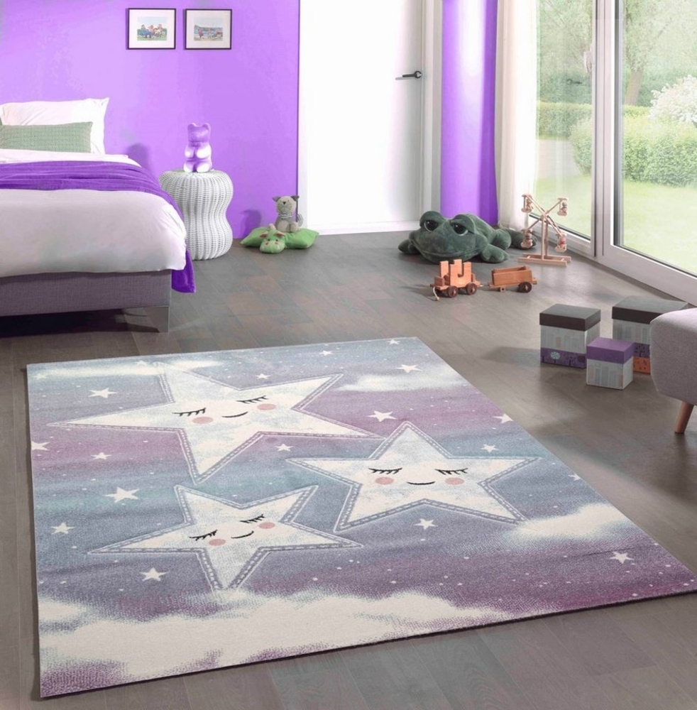 Carpetia Kinderteppich Spiel Teppich Kinderzimmer Sterne Himmel Wolken Design blau creme, rund, Höhe: 13 mm Bild 1