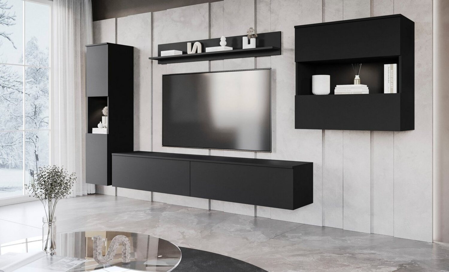 INOSIGN Wohnwand PARIS, (Komplett-Set, 4-St), TV-Wand 300cm breite, grifflose Design, stehend und hängend montierbar Bild 1