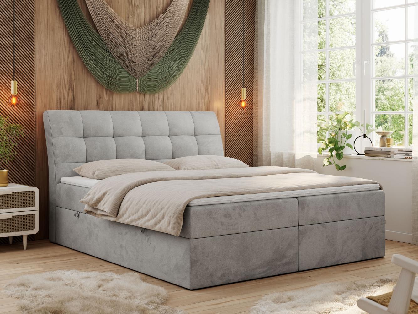 Boxspringbett Polsterbett mit Multipocket-Matratze und Topper - DIEGOS - 140x200cm - Hellgrau Velours - H4 Bild 1