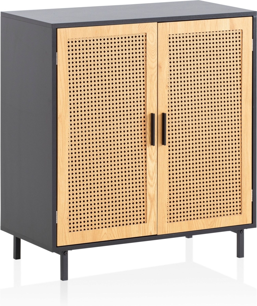 Sideboard 80 x 86,5 x 40 cm Kommode Schwarz mit Wiener Geflecht, Hoher Kommodenschrank Zeitlos, Standschrank Wohnzimmer mit 2 Türen, Anrichte Rattan Bild 1