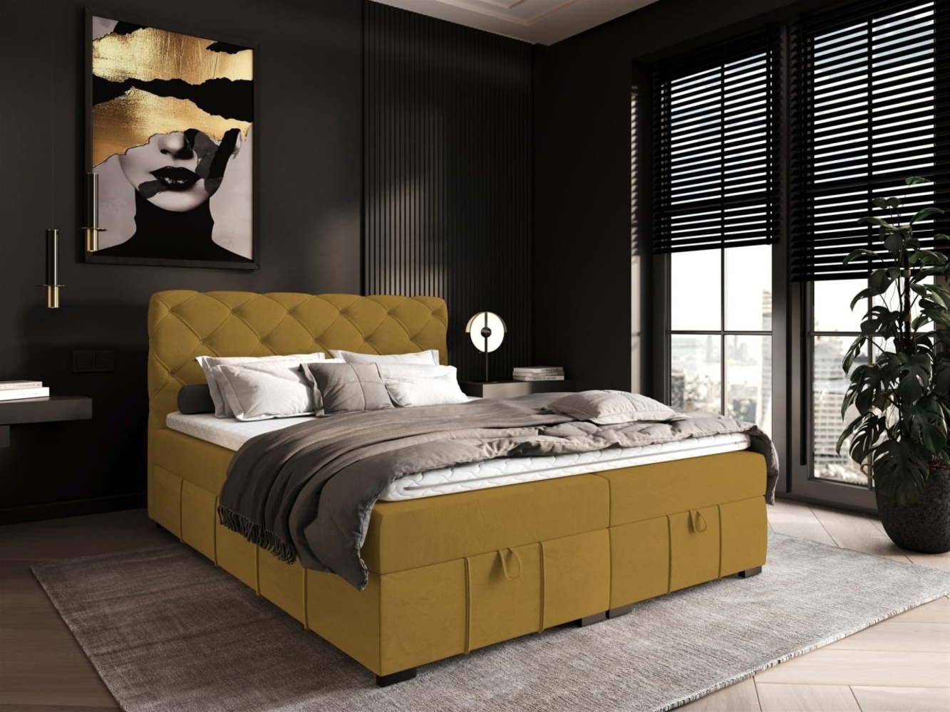 Boxspringbett Schlafzimmerbett GISEL 140x200cm Stoff Salvador Honiggelb Bild 1