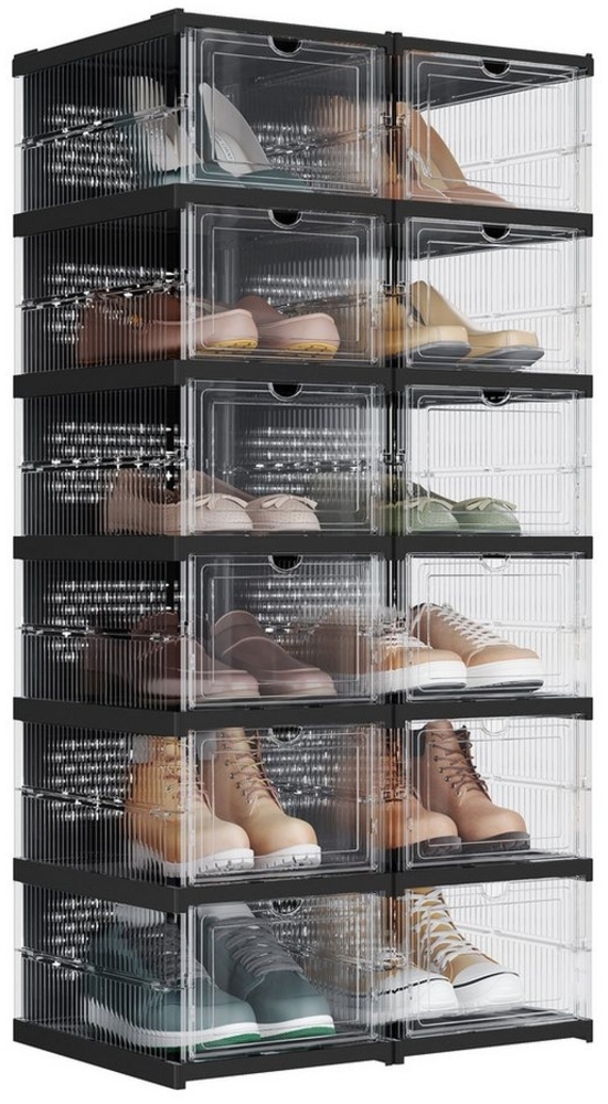 SONGMICS Schuhschrank 2er Set, mit 12 Schuhboxen, integrierter Schuh-Organizer, faltbar, tragbar, für Schuhe bis Größe 46, 1-Min-Montage, transparent-tintenschwarz LSPDE206B01 Bild 1