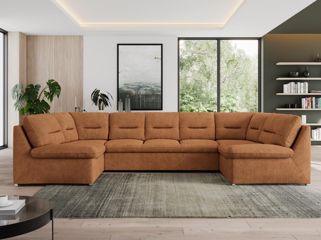 U-förmige Ecksofa, Bigsofa mit schlaffunktion, Wohnlandschaft XXL - MORBIDO U - Orange Stoff - Topper T25 Bild 1