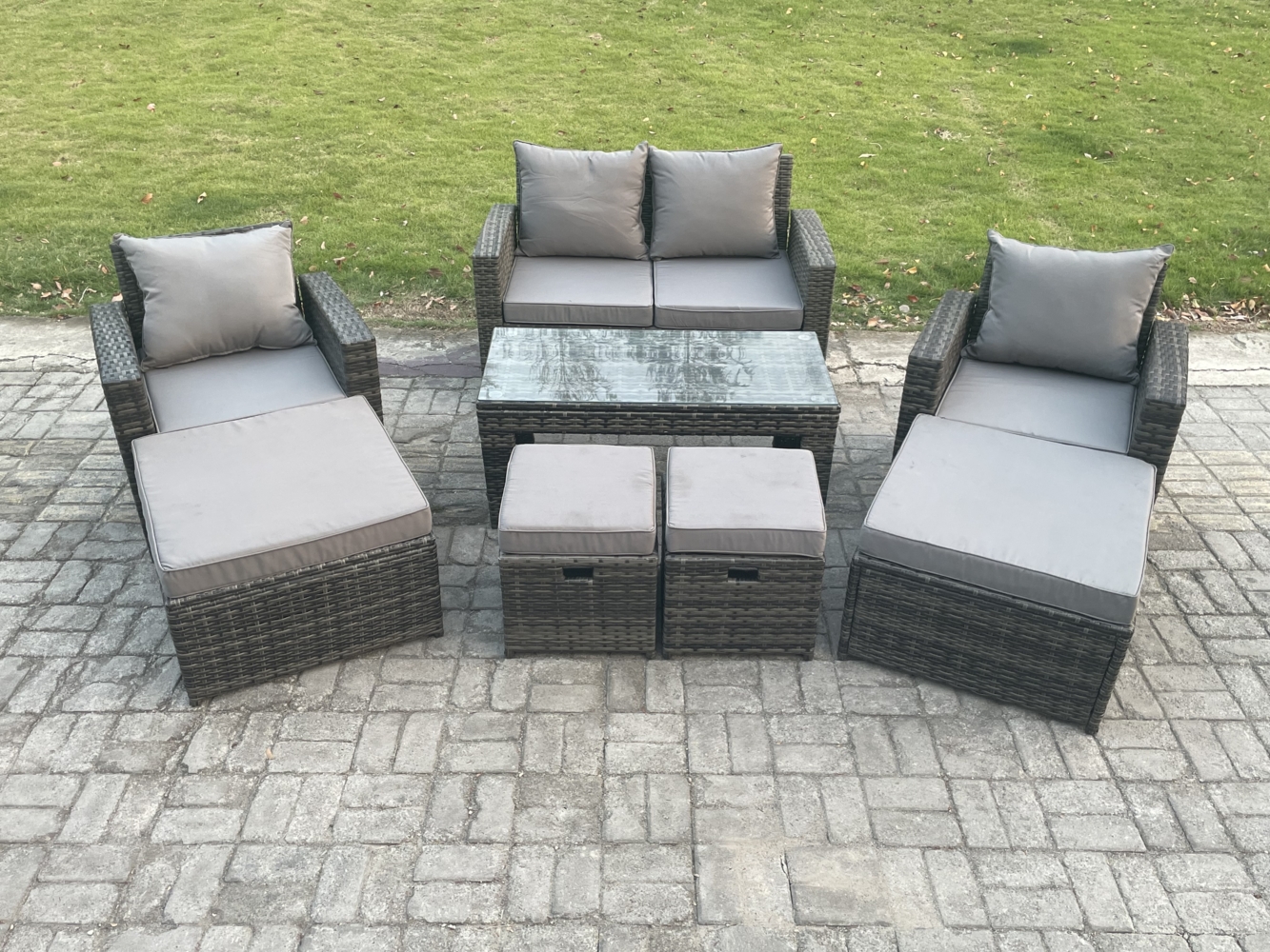Fimous Hoher Rücken Rattan Gartenmöbel Sets mit Rechteckig Couchtisch Stuhl 2 Großer Fußhocker 2 Kleiner Fußhocker Dunkelgrau Gemischt Bild 1