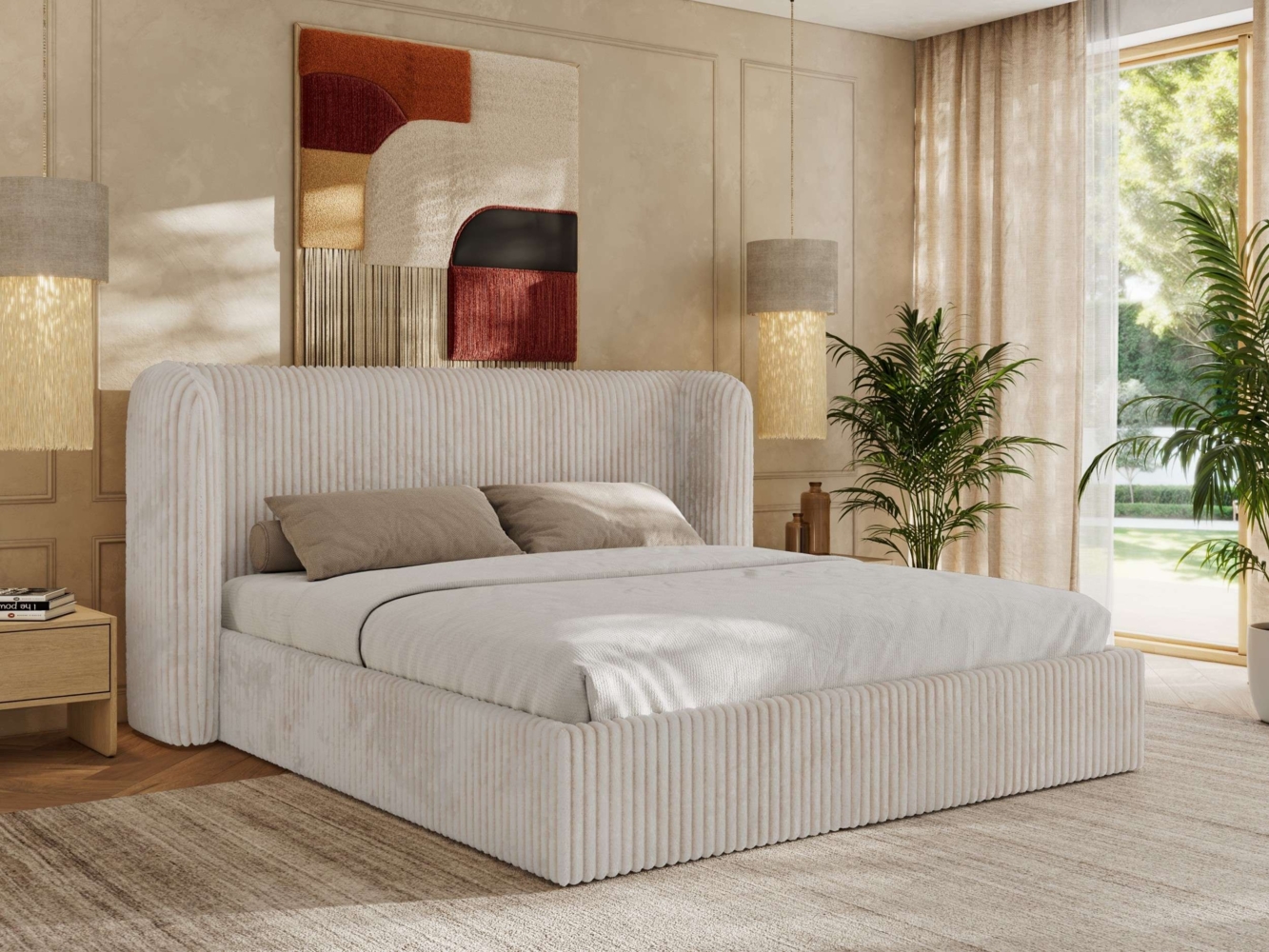 Polsterbett Bett mit Holzlattenrost Schlafzimmer Bett Doppelbett gepolstertes Kopfteil Foam Matratze - EMORA CLASSIC - 180x200 cm - Beige Cord - MIRO LUX Bild 1