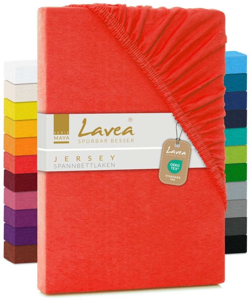 Jersey Spannbettlaken, Spannbetttuch, Lavea Serie Maya, 200x220 cm für Boxspring- und Wasserbetten, Karminrot, 100% Baumwolle, hochwertige Verarbeitung, mit Gummizug Bild 1