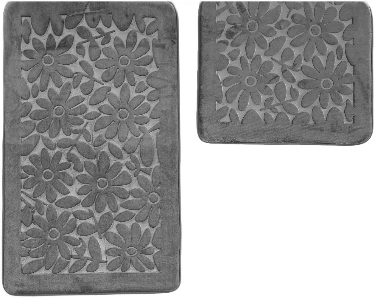 Almina Premium 2 teiliges Bademattenset aus Polyester Rutschfest Waschbar mit Blumenmotiv Grau Bild 1