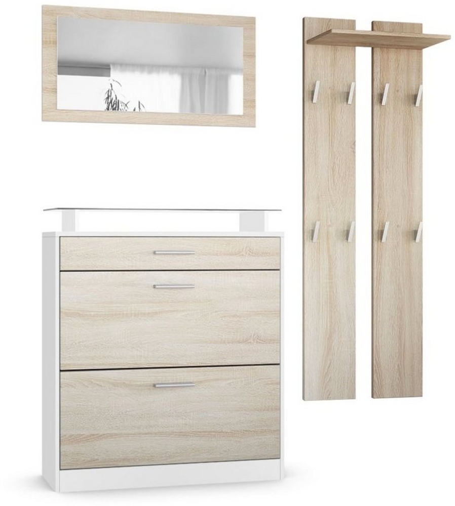Vladon Garderobe Loret mini, Garderobenset bestehend aus 1 Schuhschrank, 1 Wandspiegel und 2 Garderobenpaneele, Weiß matt/Eiche Sägegrau Bild 1