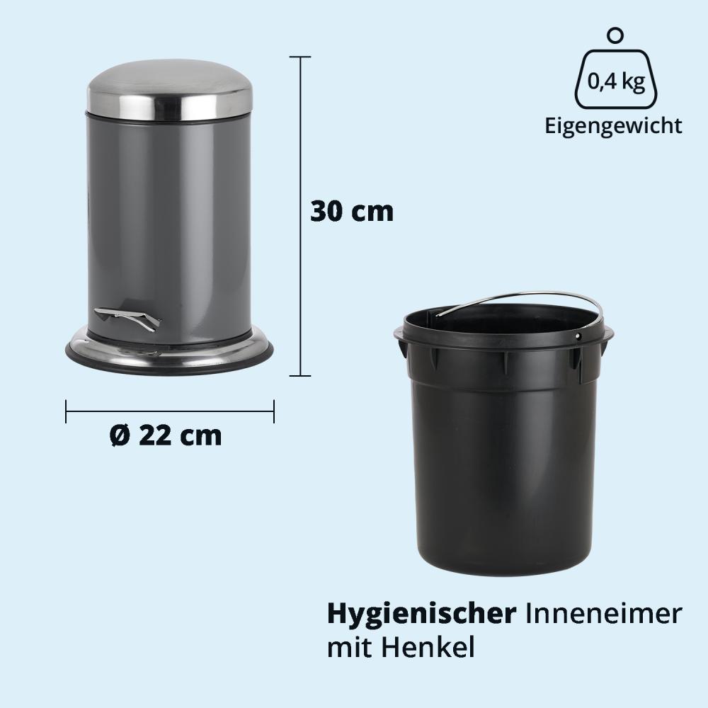 KHG Mülleimer Küche, Bad 3l | Kosmetikeimer Abfalleimer Treteimer aus Aluminium in glänzendem Grau | herausnehmbarer Inneneimer, ideal für Küche, Badezimmer, Büro Bild 1