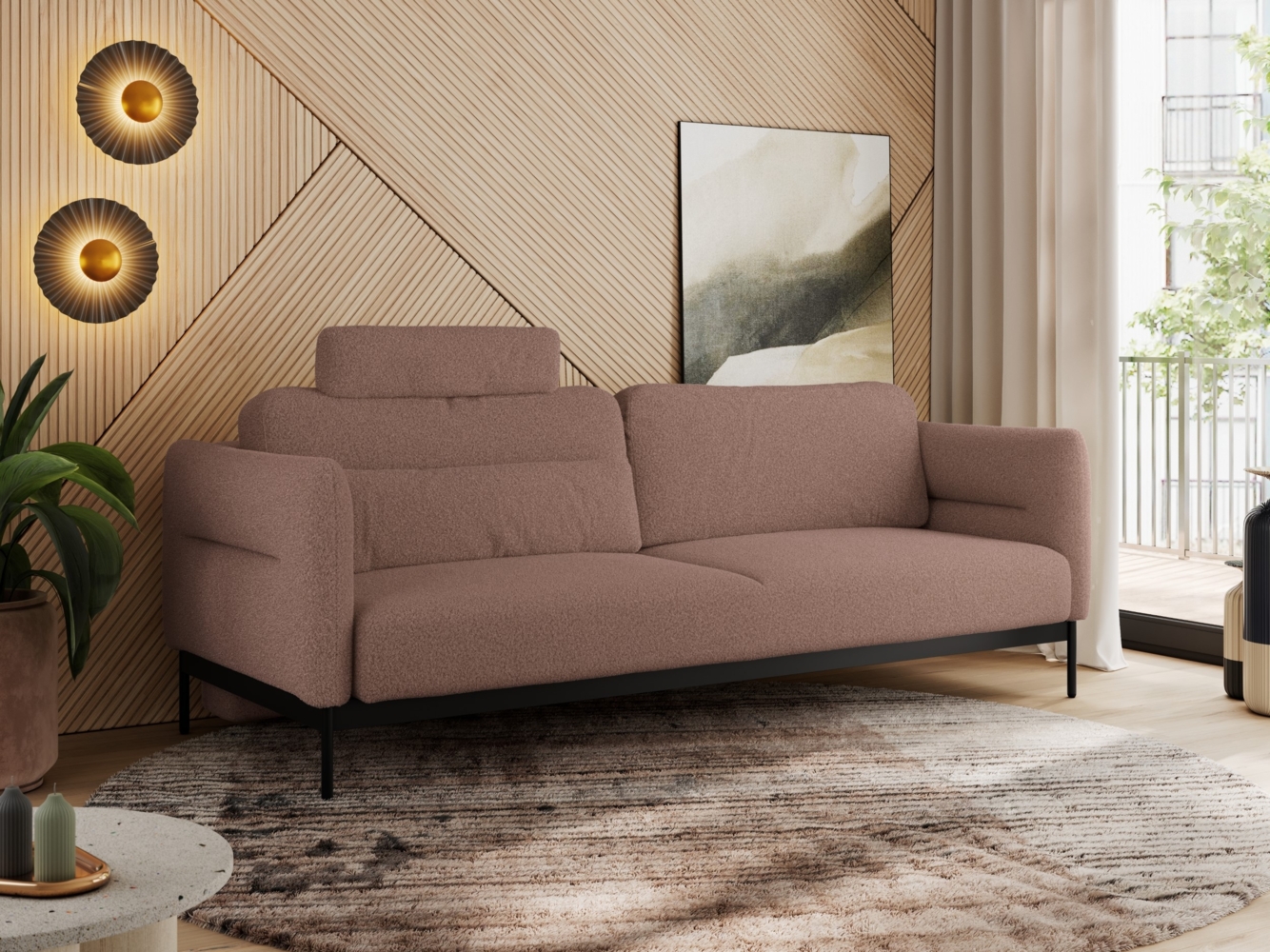 Sofa mit Schlaffunktion, schwarze MetallStoff, mobile Kopfstütze, Schlafsofa mit losen Kissen - SALENTO - Rosa Boucle Bild 1