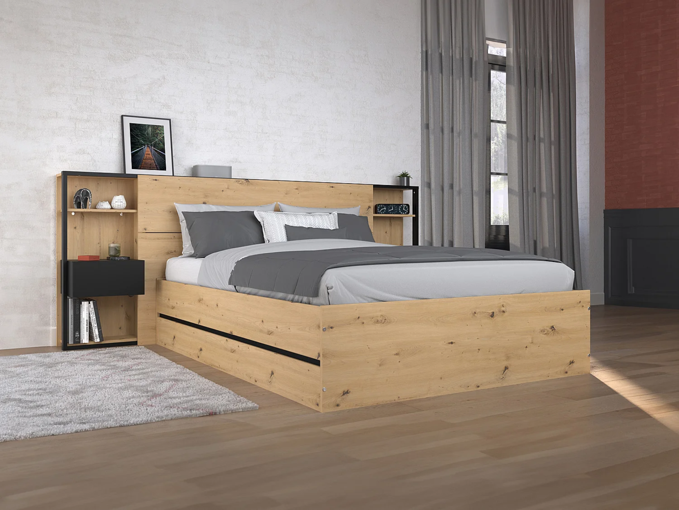 Vente-unique - Bett mit Bettkasten und Nachttischen - 140 x 190 cm - Holzfarben & Schwarz - LUDARO Bild 1