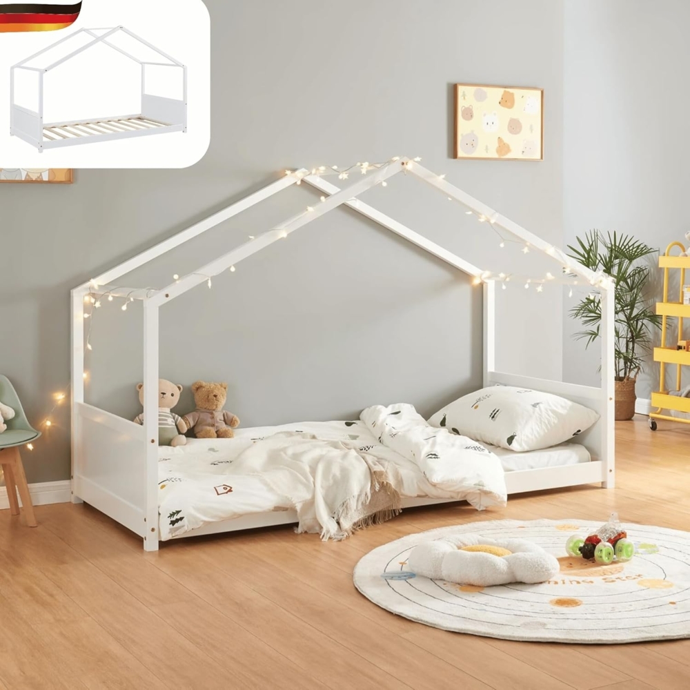 DELUKE® Kinderbett 90x200 DAKO - Inkl. Lattenrost Haus-Optik Kiefernholz Einzelbett aus Holz Hausbett Kinderzimmer Bodenbett Montessori Bett Weiß Bild 1