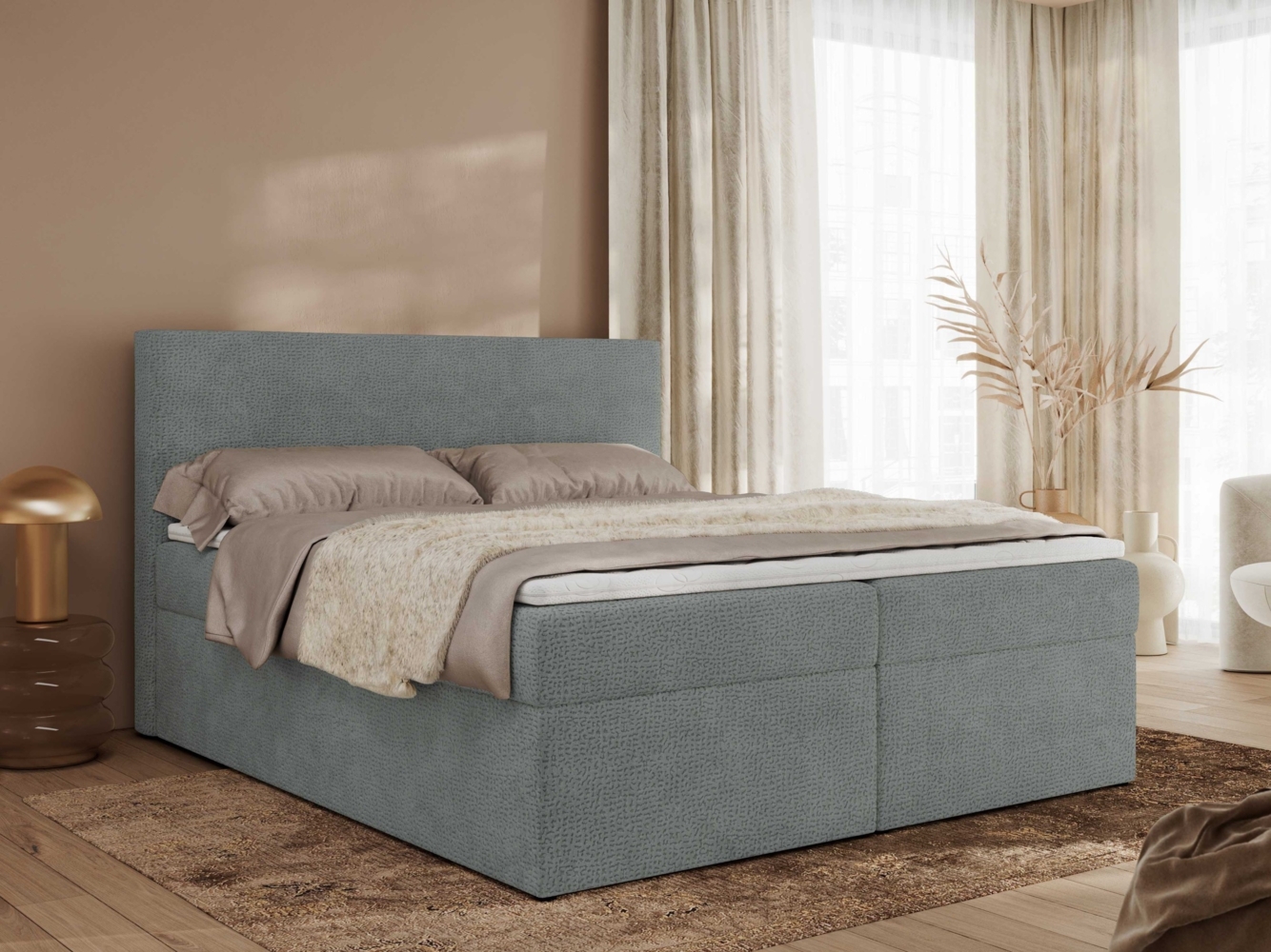 Boxspringbett mit Multipocket-Matratze und Topper, Doppelbett, Struktur dekostoff, Polsterbett mit Bettkästen - JAGUAR - 180 x 200 cm - Grau Struktur - H3 Bild 1