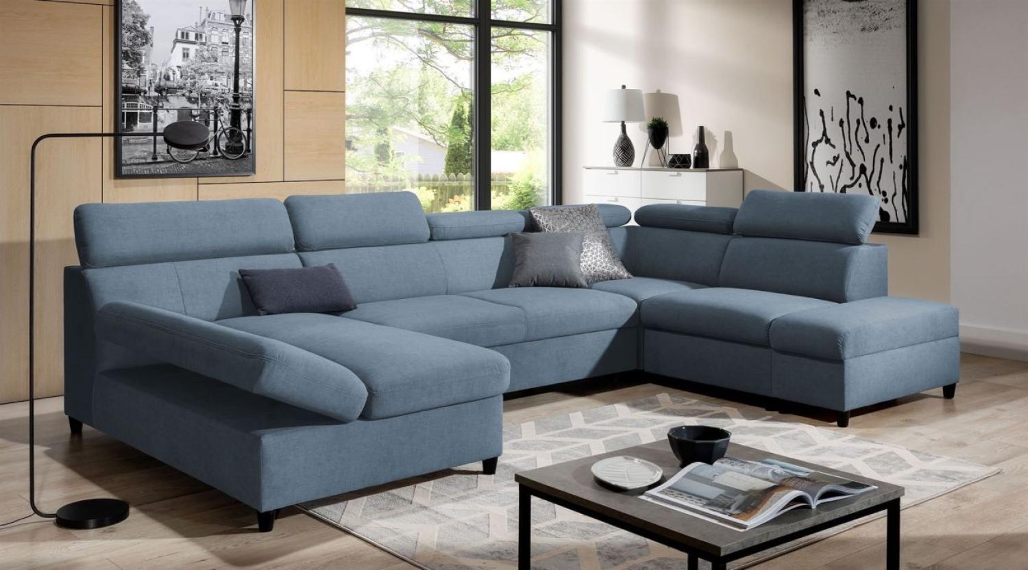 Wohnlandschaft Schlafsofa Sofa ANTON in Stoff Esito Hellblau Ottomane Links Bild 1