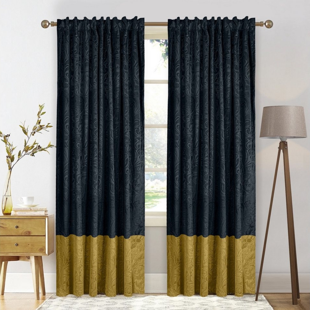 LMaxhome Gardine Samt Zerkleinert Velvet Vorhang Verdunkelnd Verdickt Winter Gardinen, (2 St), Floral Gequetscht, Schwarz-Gold, für Schlafzimmer Wohnzimmer Bild 1