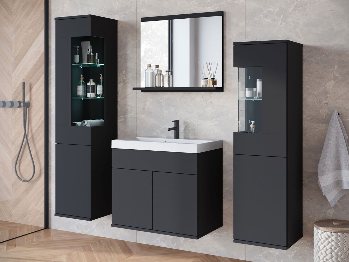 Badmöbel-Set Neskir (Farbe: Schwarzer Graphit, mit weißer LED Beleuchtung) Bild 1