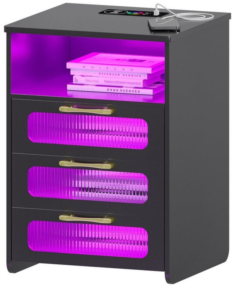 LVifur Nachttisch 3 Schubladen/Ladestation, Nachtkommode mit USB-Anschluss/LED-Leuchten (1-St), 24 Farben dimmbar, MDF mit Hochglanzoberfläche, 45×40×62cm, schwarz Bild 1