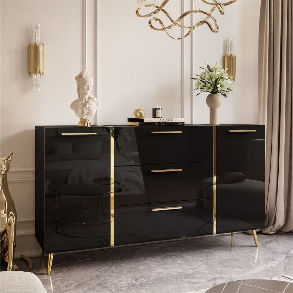 yourhouse24 Kommode ONYX goldenen Beinen Sideboard Hochglanz Push-Open / Goldgriffe 158 cm Bild 1