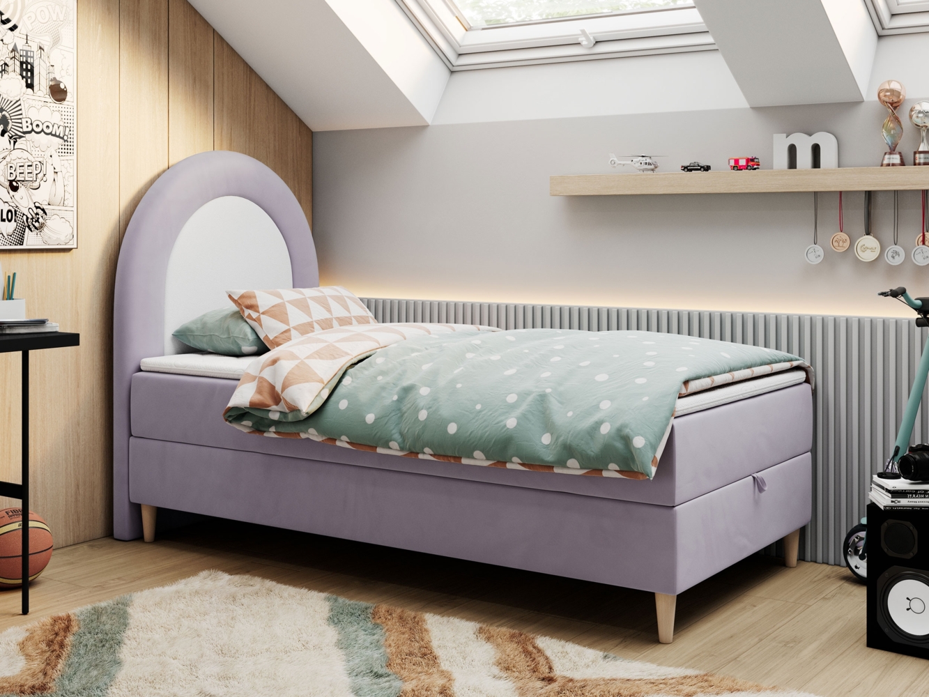 Kinderbett NEST, Boxspringbetten für Kinderzimmer, Jugendbett, Einzelbett mit Matratze 90 x 160 cm - Violett Velvet - Topper T25 Bild 1