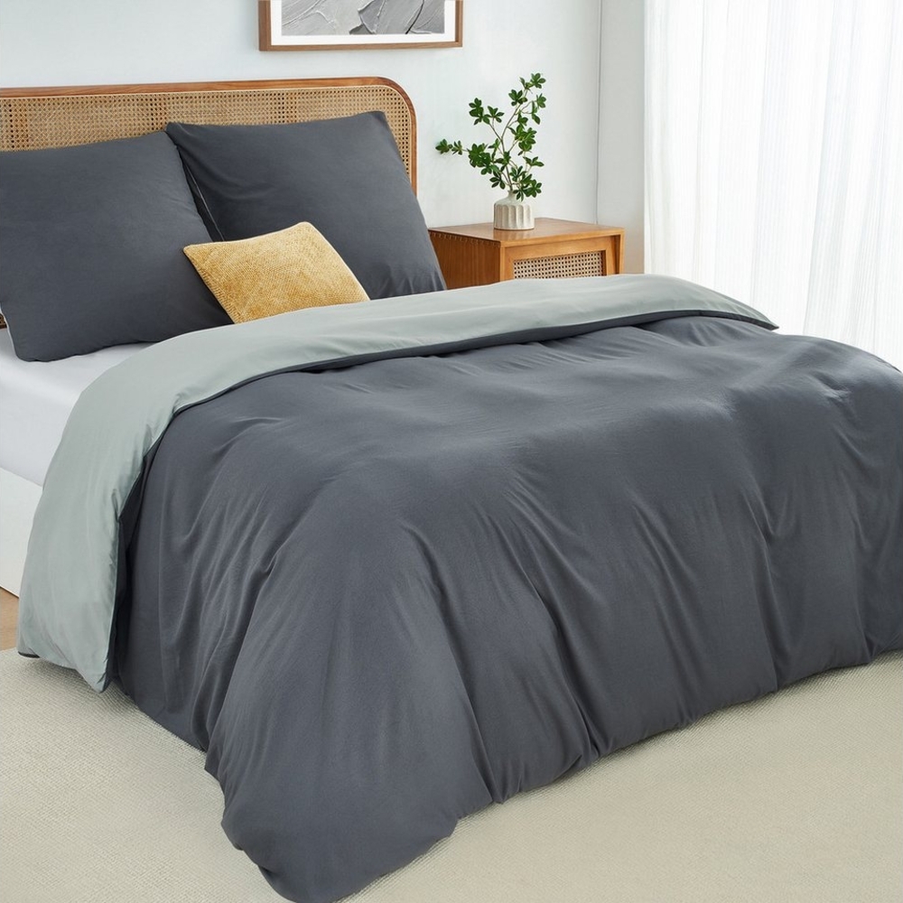 Topfinel Bettwäsche 135x200cm, Seersucker Bettwäsche-Sets, bügelfrei, allergiker, kühlende, 100% Mikrofaser, 3 teilig, 3-tlg. Dunkelgrau/Hellgrau:1 Btz. 200x200+2 Ktz. 80x80, m. Reißvers. Bild 1