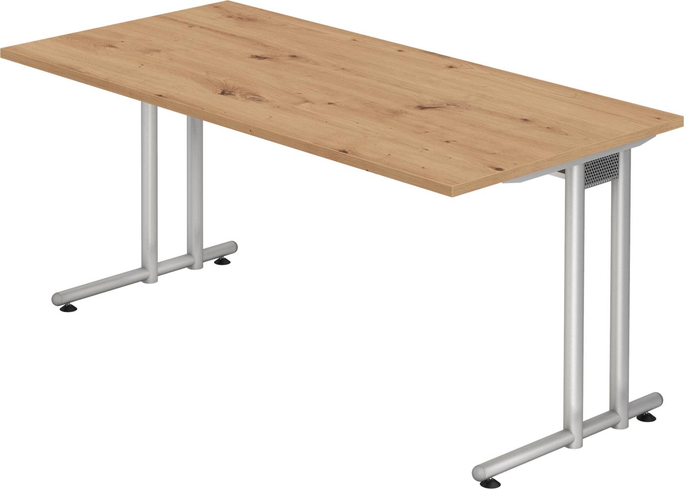 bümö Schreibtisch N-Serie 160x80 cm, Tischplatte aus Holz in Asteiche, Gestell aus Metall in Silber - PC Tisch, Computertisch für's Büro, Office Bürotisch, NS-16-R-S Bild 1