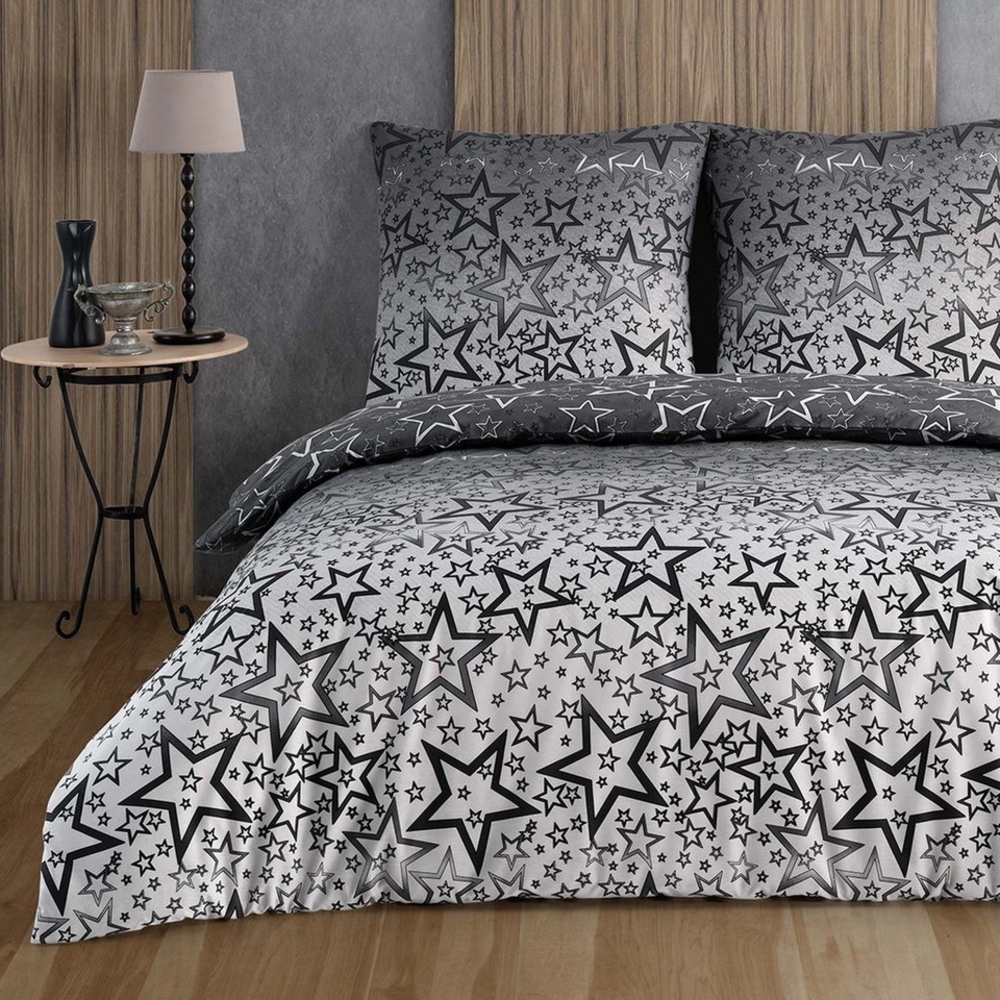Buymax Bettwäsche Bettbezug-Set, Renforce: 100% Baumwolle, 2 teilig, 155x220 cm, mit Reißverschluss, Sterne Muster, Weiß Grau Bild 1