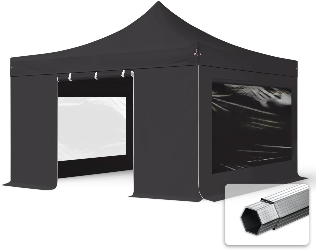 4x4 m Faltpavillon, PROFESSIONAL Alu 40mm, feuersicher, Seitenteile mit Panoramafenstern, schwarz Bild 1