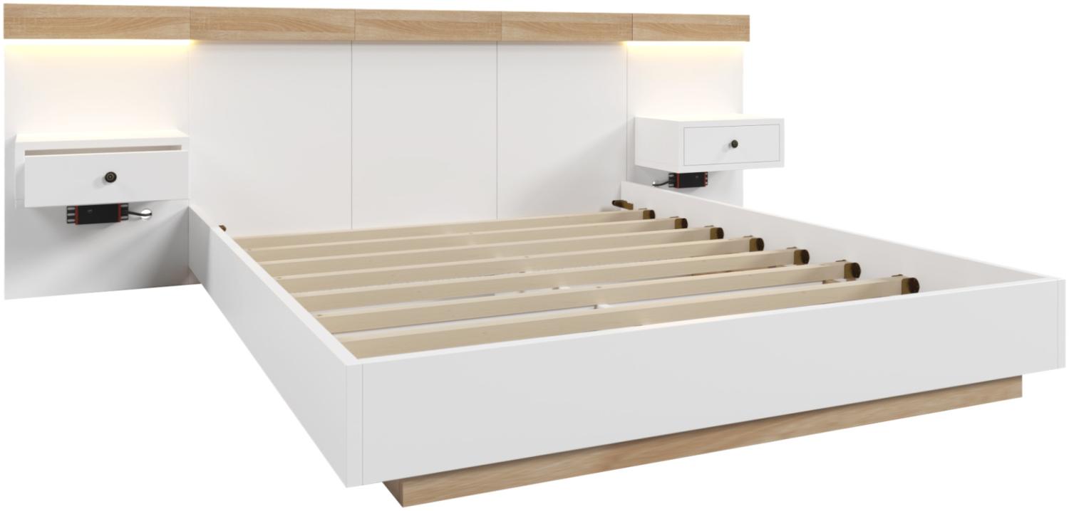 MeraxMerax Bettanlage Holzbett 180x200 Doppelbett mit 2 LED Nachtkommoden & 1 USB & 1 Type C & 1 Steckdose & Lattenrost Beige & Weiß Bild 1