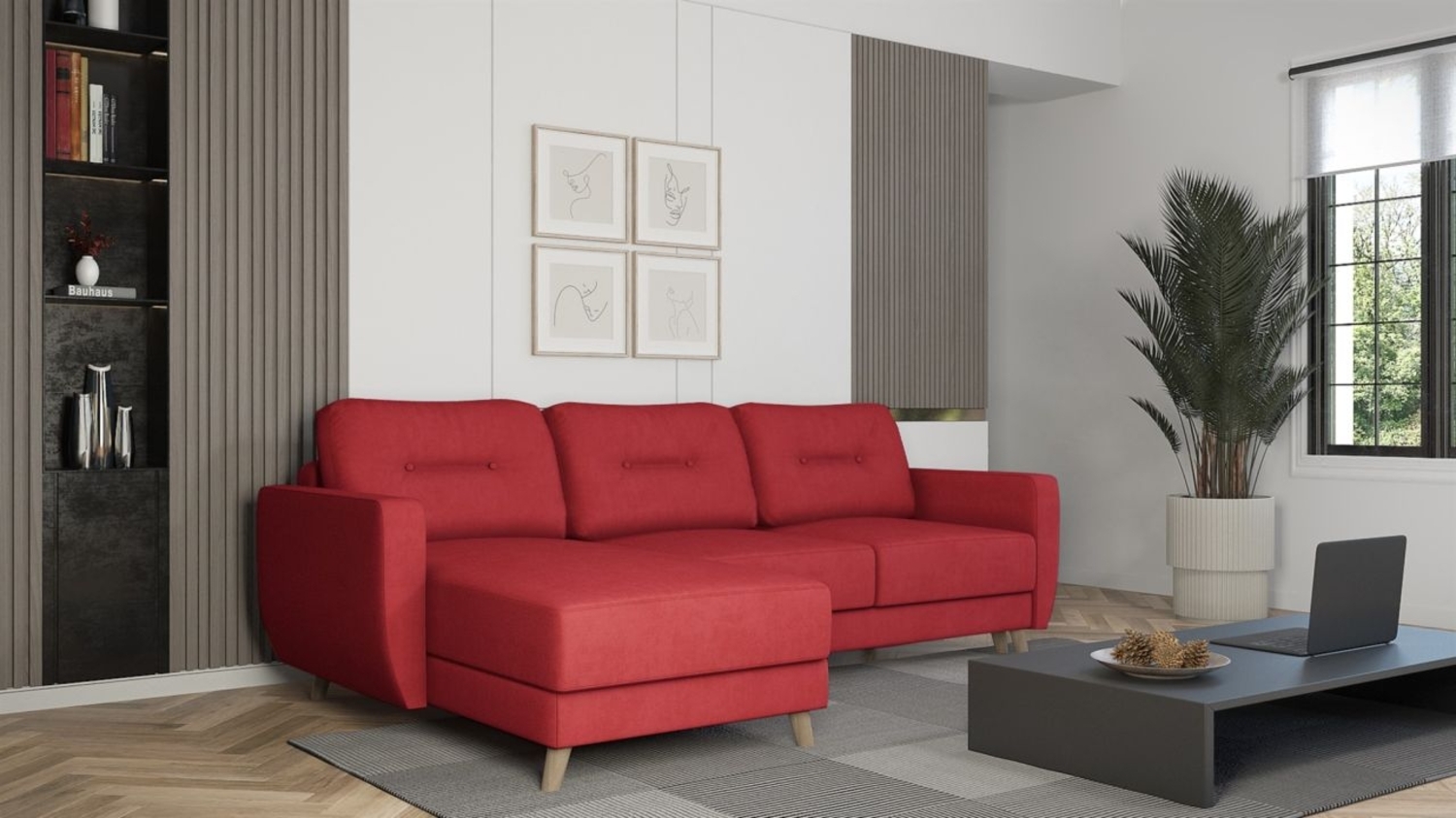 Ecksofa mit Schlaffunktion MARLIES Stoff Opera Velvet Rot Ottomane Links Bild 1