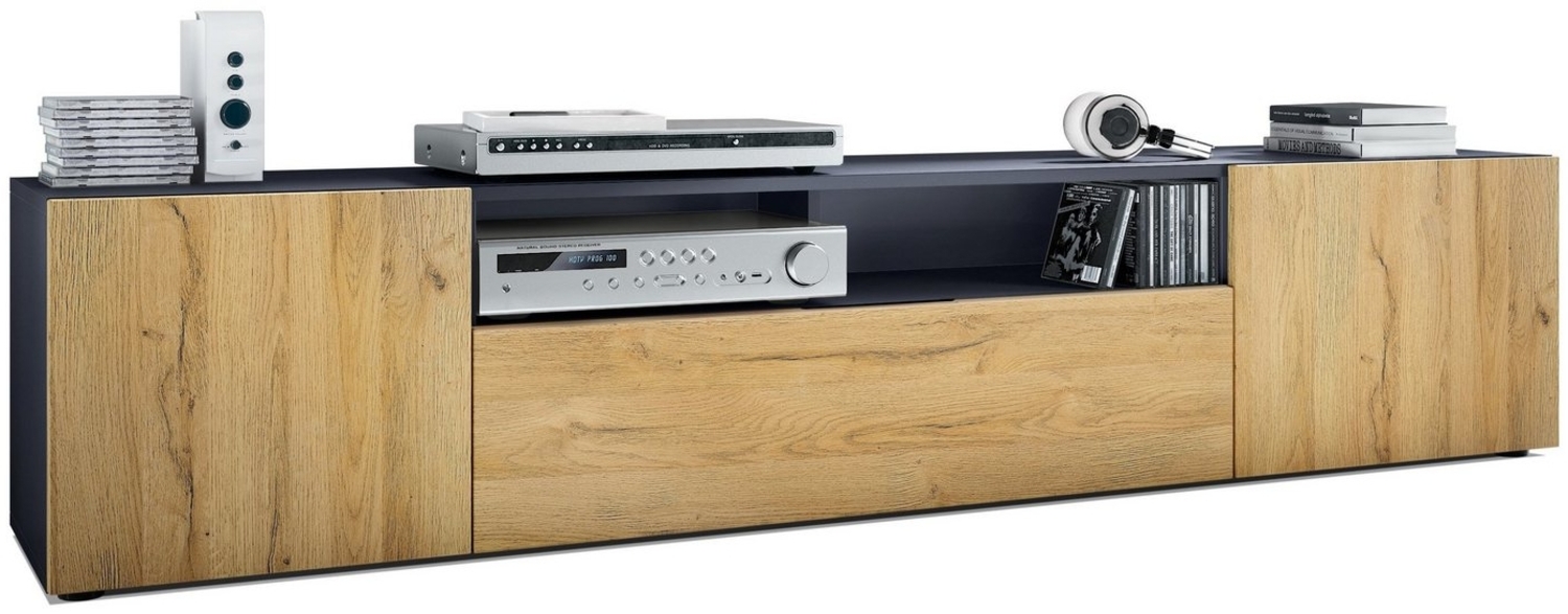 TV Board Mogan 181 x 39 x 35 cm, langes Lowboard mit 6 Fächern, Korpus in Anthrazit Matt, Fronten in Eiche Natur Bild 1