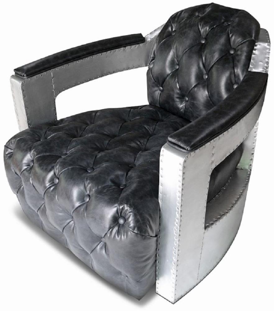 Casa Padrino Chesterfield Echtleder Sessel Vintage Schwarz / Silber 73 x 90 x H. 70 cm - Wohnzimmer Leder Sessel - Club Sessel - Lounge Sessel - Art Deco Sessel - Aluminium Flugzeug Flieger Möbel Bild 1