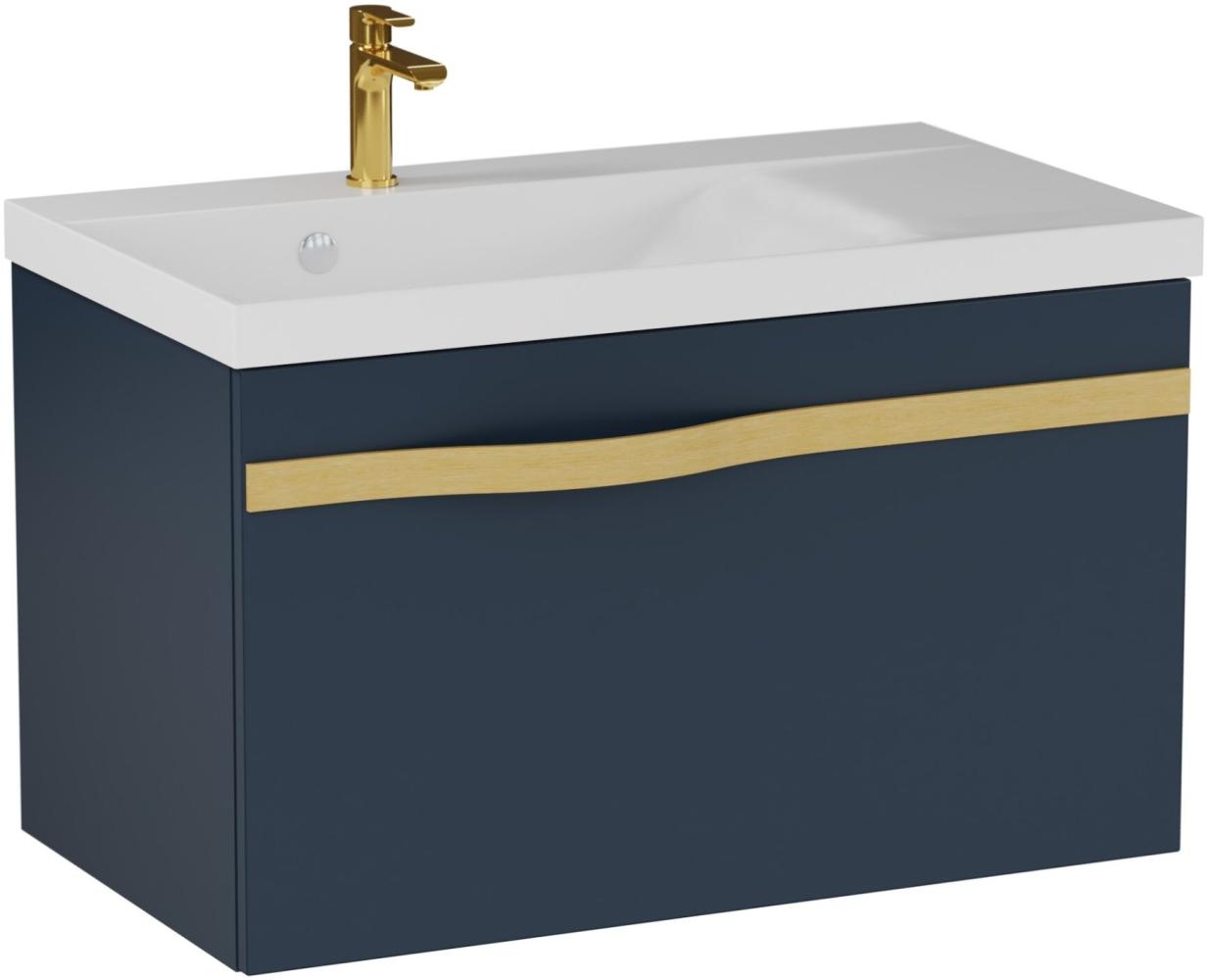 BADEDU FILS Waschbecken mit Unterschrank 69 cm breit, Blau, Waschbecken Gussmarmor Weiß, Griff Gold Bild 1