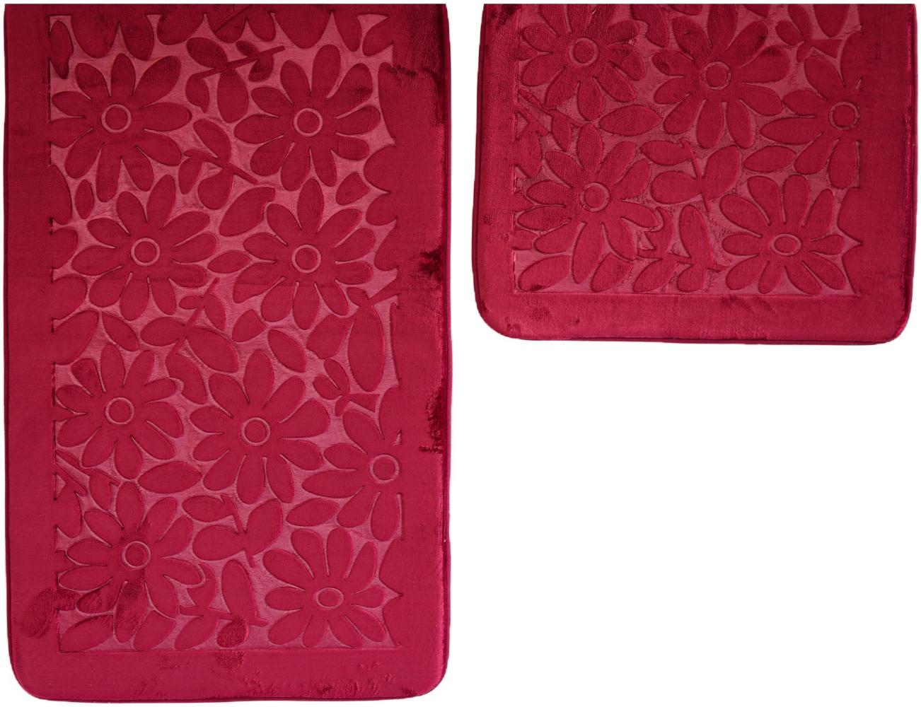 Almina Premium 2 teiliges Bademattenset aus Polyester Rutschfest Waschbar mit Blumenmotiv Bordeaux Bild 1