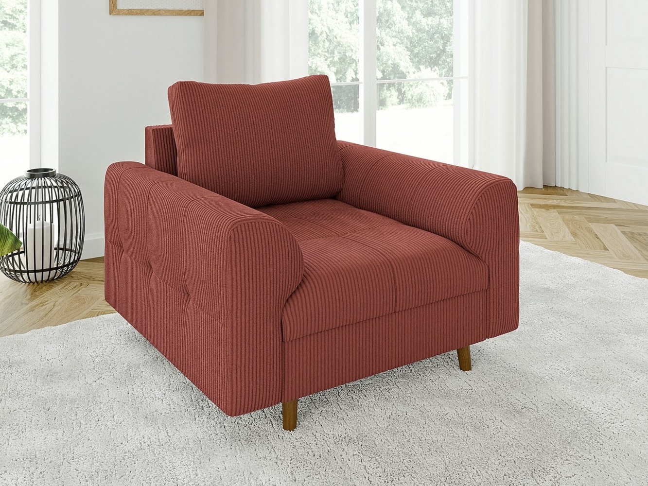 S-Style Möbel Sessel Zara mit Braun Holzfüßen im skandinavischen Stil aus Cord-Stoff, mit Wellenfederung Bild 1