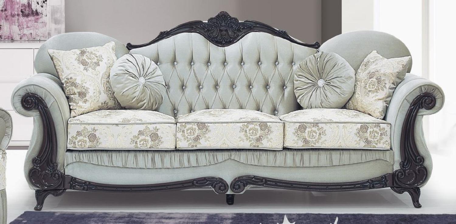 Casa Padrino Luxus Barock Sofa Grüngrau / Creme / Dunkelbraun - Prunkvolles Wohnzimmer Sofa mit elegantem Muster und Glitzersteinen - Barockstil Wohnzimmer Möbel - Barock Möbel - Edel & Prunkvoll Bild 1