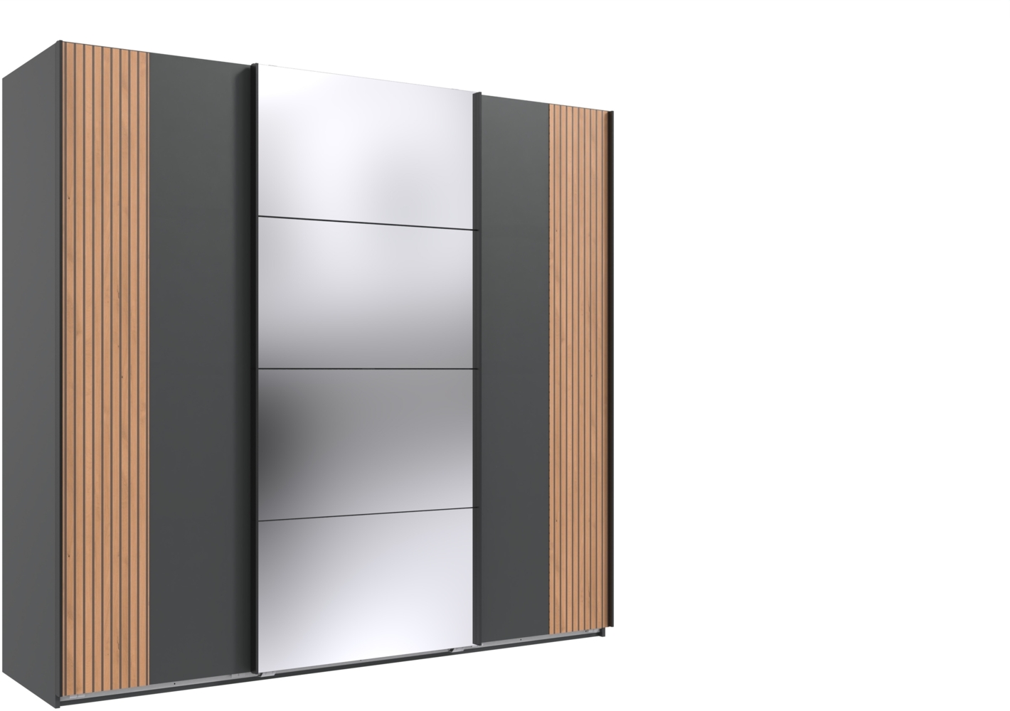 Schwebetürenschrank >Malaga< Spiegel, Akustiklamelle, Graphit & Artisan Eiche - 225x208x64cm BxHxT Bild 1