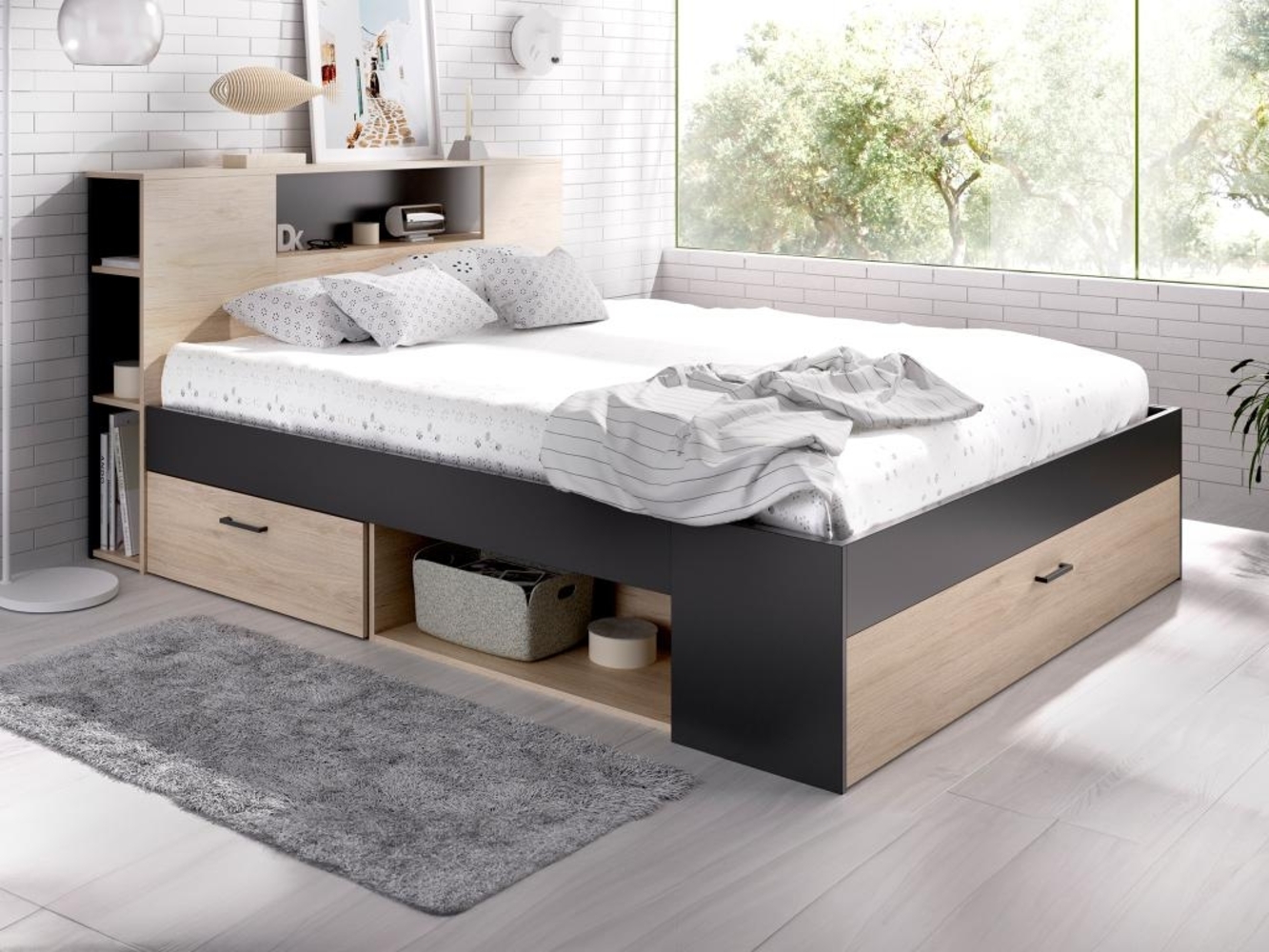 Vente-unique - Bett mit Kopfteil, Stauraum & Schubladen - 180 x 200 cm - Holzfarben & Anthrazit - LEANDRE Bild 1