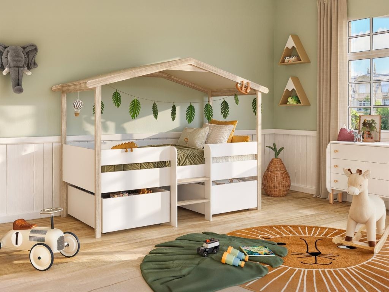 Vente-unique - Kinderbett Hausbett mit Schubladen + Matratze - Lindenholz - 90 x 190 cm - Weiß & Eichefarben - SAROSI Bild 1