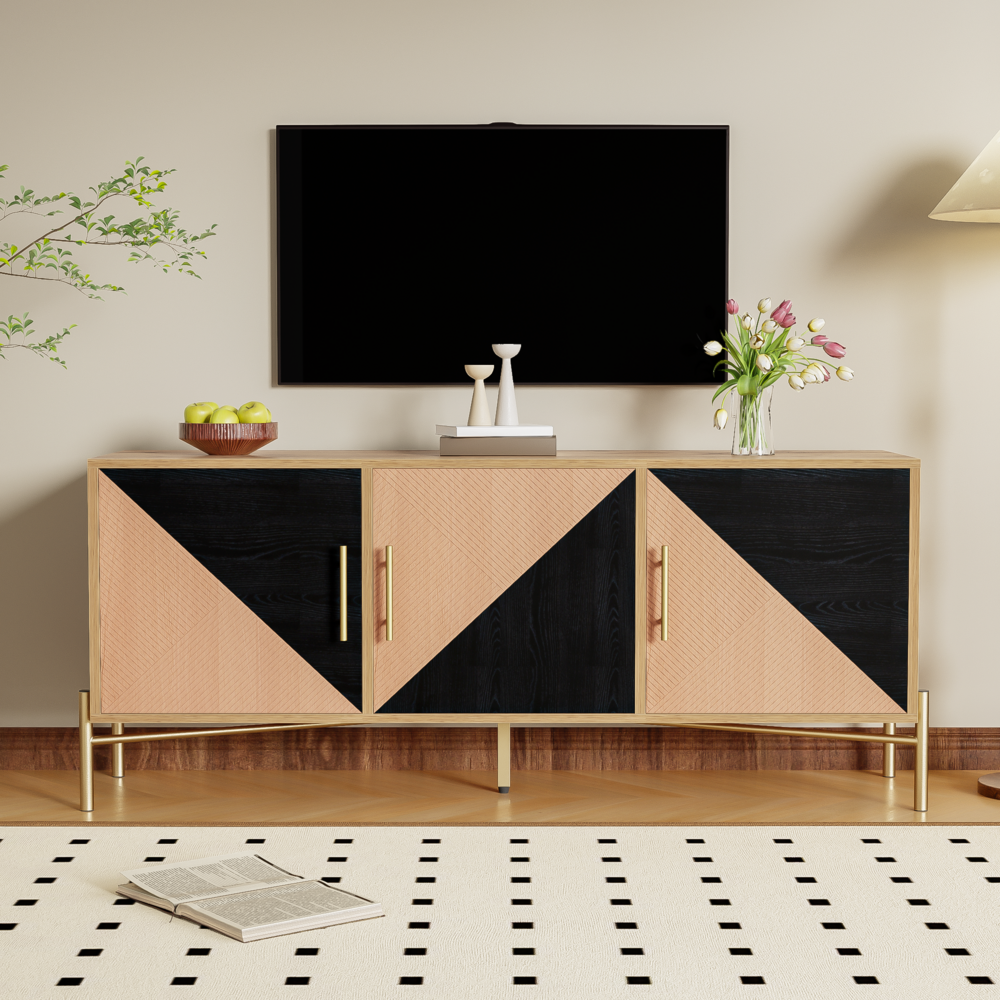 Merax 123,5 cm TV-Schrank, braune und schwarze Holzmaserung, goldene Griffe und Beine, Holz & Schwarz Bild 1