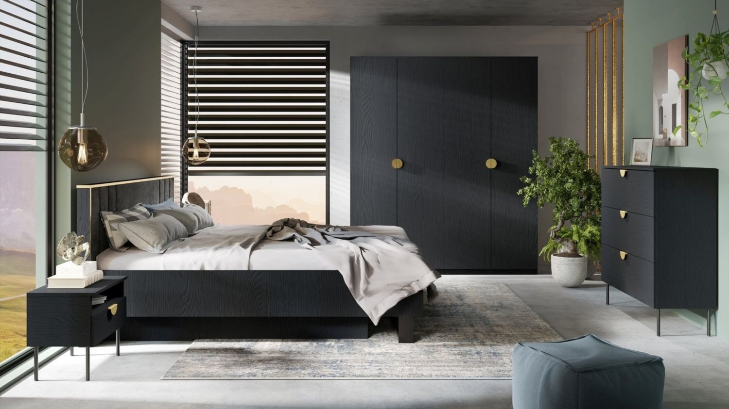 Lukas Möbel Komplettschlafzimmer Designer Schlafzimmer Komplett Moon in Schwarz-Gold Bild 1