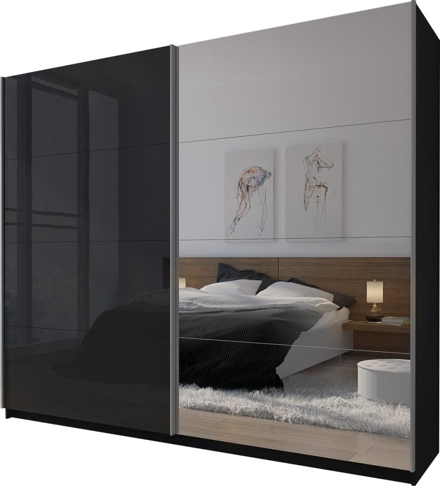 Domando Kleiderschrank Sila Modern für Schlafzimmer Breite 244cm, Schwebetüren, Hochglanz, Spiegel in Schwarz Matt und Schwarz Hochglanz mit Spiegel Bild 1