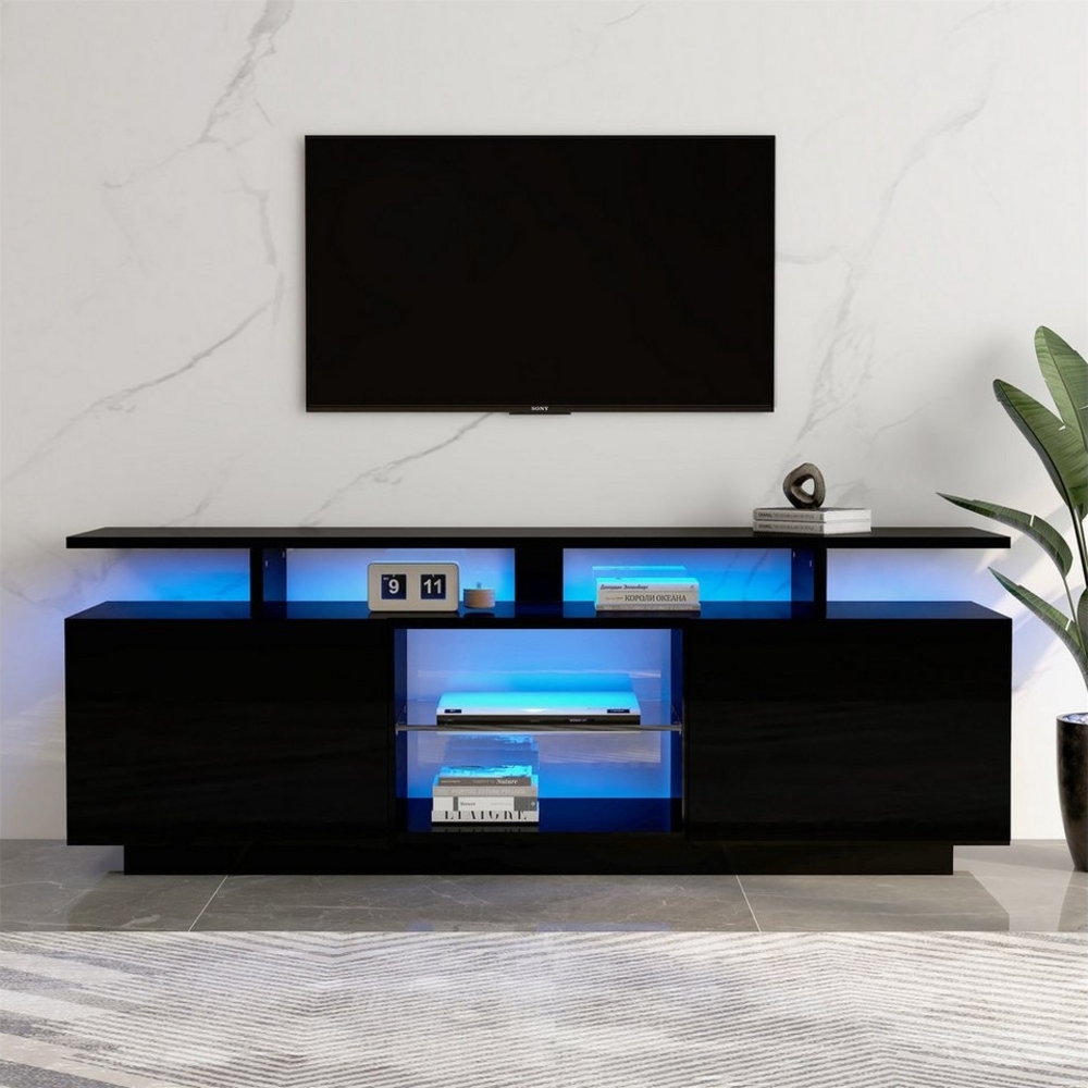 autolock TV-Schrank Moderner TV-Ständer mit 16-farbigen LED-Leuchten für 60-Zoll-Fernseher Länge140cm,schwarz,geeignet für Wohnzimmer,Schlafzimmer Bild 1