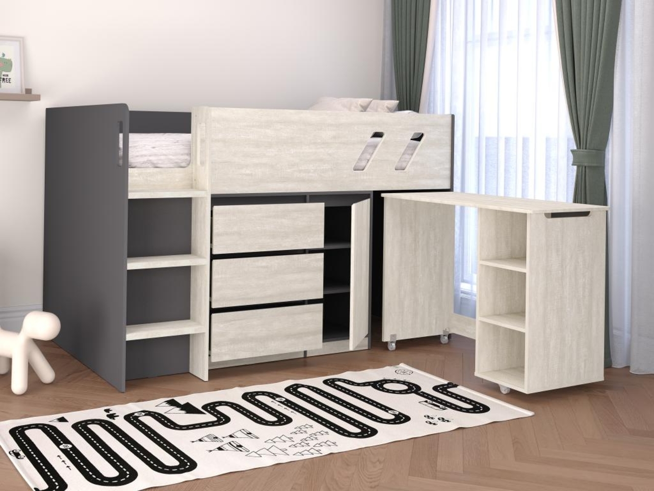 Vente-unique - Kombi-Bett 90 x 190 cm - Mit Schreibtisch & Stauraum - Anthrazit & hellgraue Holzoptik + Matratze - SAGITI Bild 1