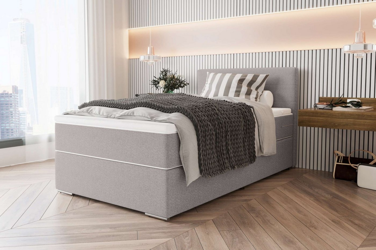 99rooms 'Phönix' Boxspringbett, Hellgrau, 90x200 cm, Webstoff MALMO_NEW Bild 1