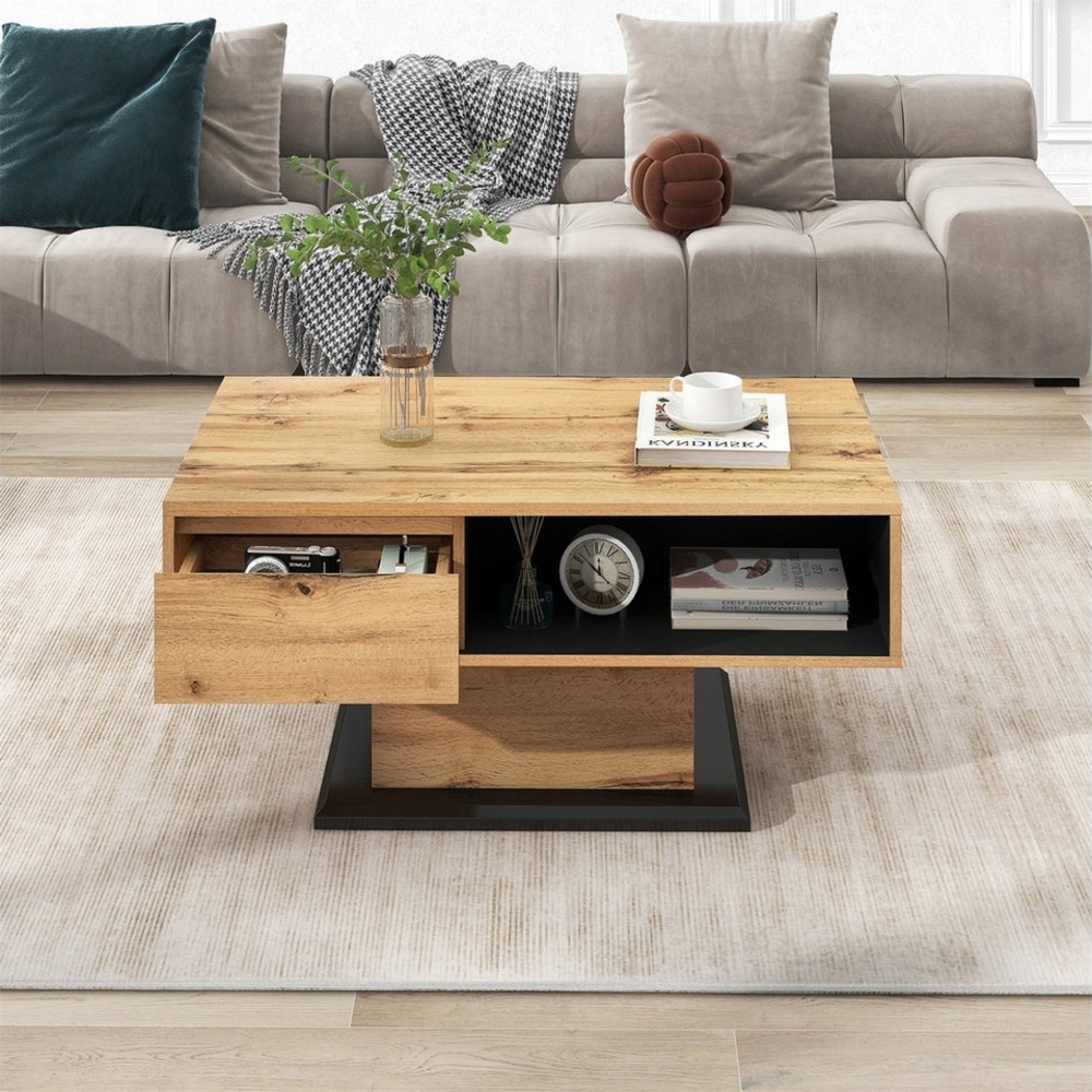 XDeer Couchtisch Couchtisch aus Holzmaserung, mit Eine grifflose Schublade, ein Staufach und Heckstaufach,doppelseitiger Stauraum Bild 1