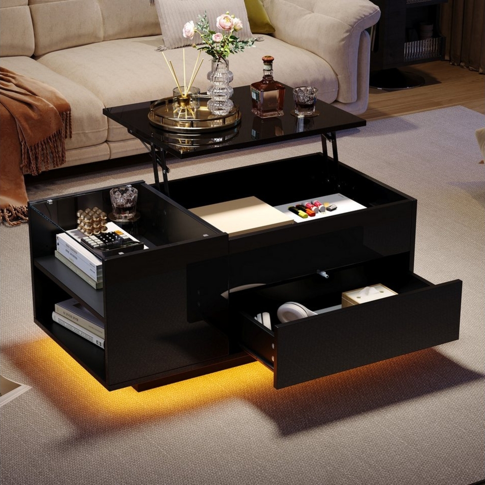 Merax Couchtisch hochglanz Sofatisch mit LED und Hebefunktion (Beistelltisch mit verstecktem Stauraum, 1-St, 95*48*42cm), Höhenverstellbarer Wohnzimmertisch mit Schublade & Ablagefach Bild 1